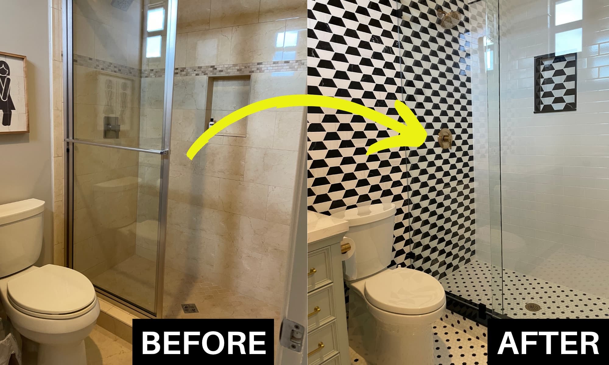 A bathroom, before and after