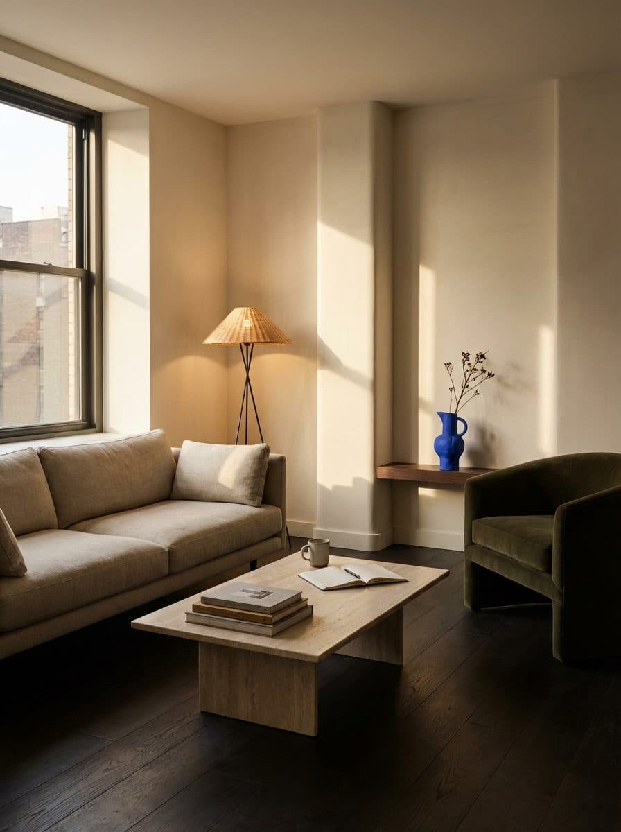 A calm living room with a linen sofa and warm light
