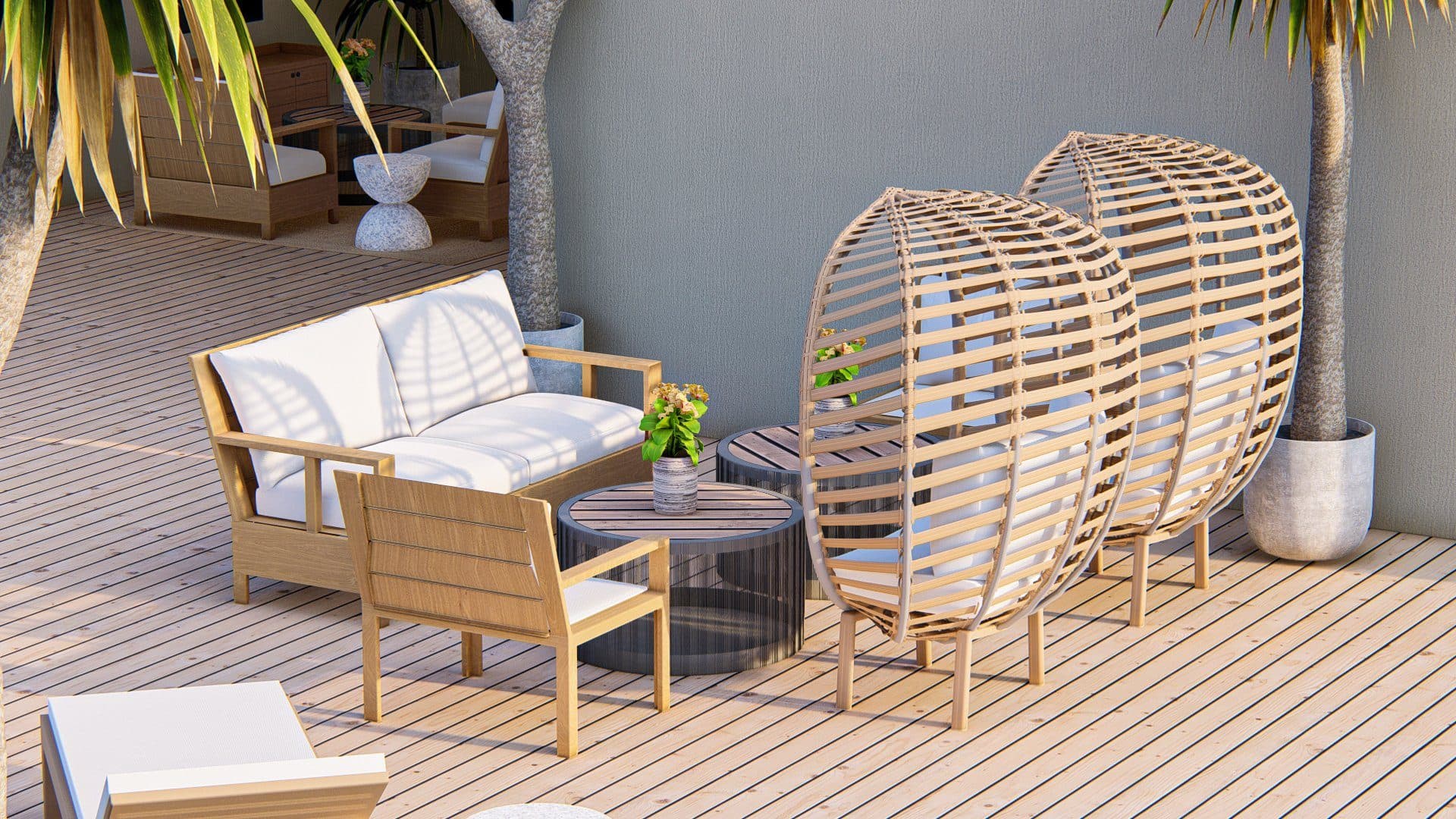 An outdoor patio with woven egg chairs and a white sofa