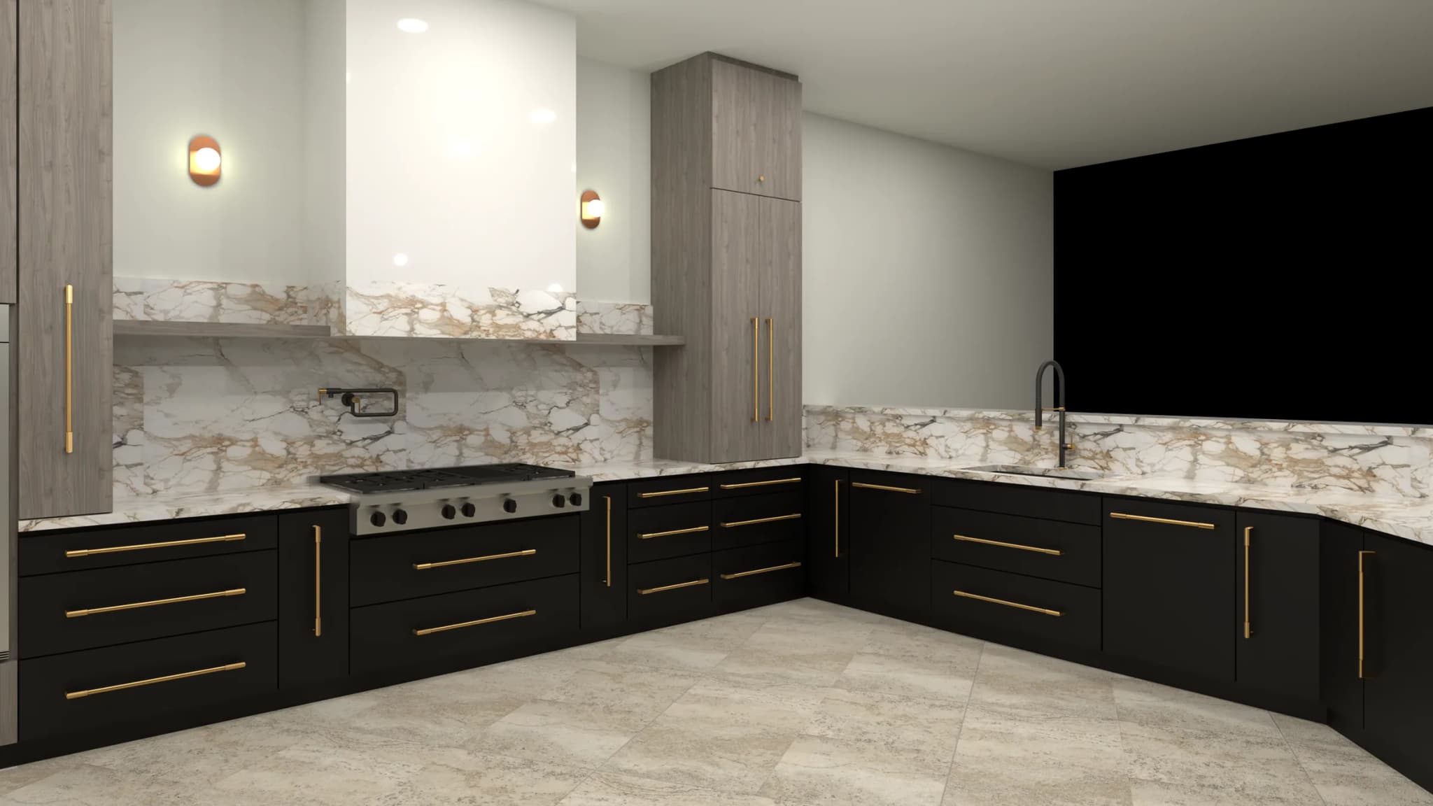 A kitchen design plan with dark cabinets and brass hardware